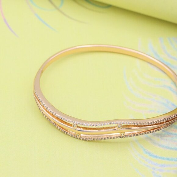 Rose Gold Bangle with Wavy Dual-Layer Design and Subtle Stones, XPBL0561 - Picture 2 of 12
